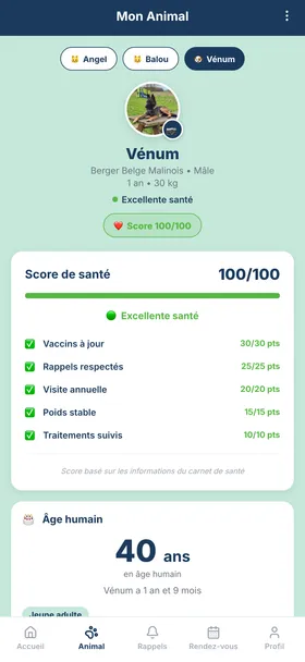 Fiche de l'animal dans PetSphere : score de santé et âge humain
